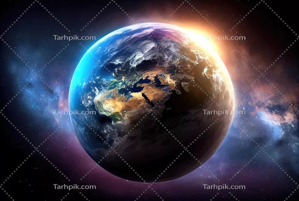 عکس نمایی زیبا از زمین در فضا با طلوع خورشید در پس زمینه کهکشان