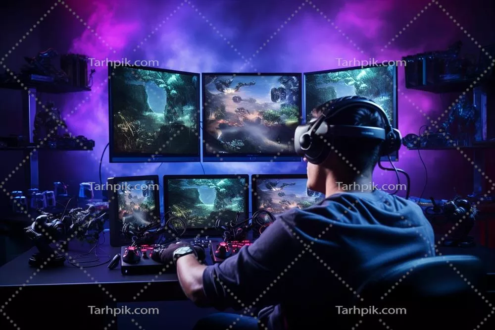 عکس تصویری از یک محیط بازی واقعیت مجازی با طراحی مدرن و جذاب