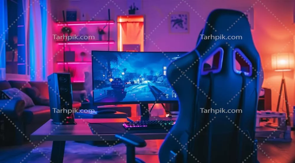 عکس ایستگاه پیشرفته بازی با تجهیزات کامل شامل کنترلر، مانیتور و صندلی