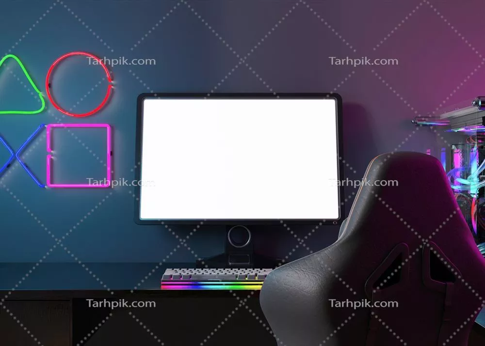 عکس تصویری از یک مانیتور خالی با نورهای نئونی در فضای بازی مدرن