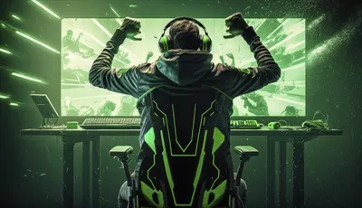 عکس شادی یک گیمر حرفه ای esports در پیروزی با پس زمینه ای از اتاق بازی سبز
