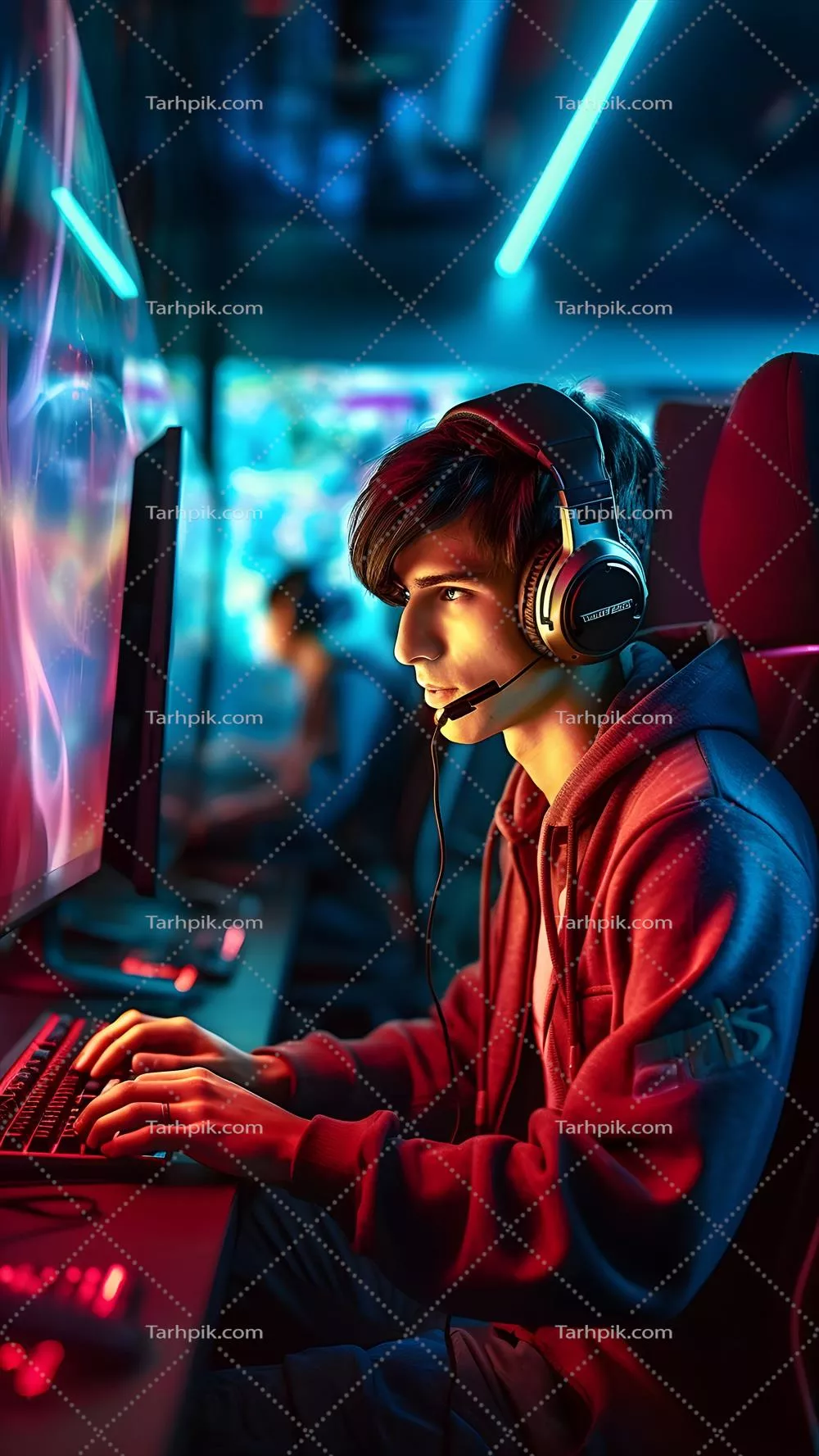 عکس تصویری از یک گیمر جوان قفقازی با هدست در حال بازی ویدئویی در محیطی نئونی