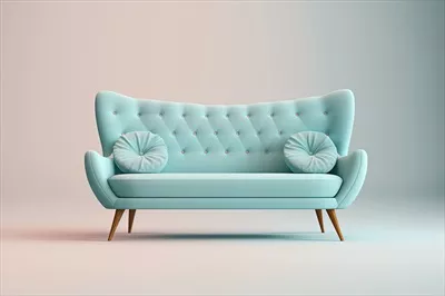 عکس مبل آبی ملایم با طراحی میانه قرن، مناسب برای دکوراسیون مدرن