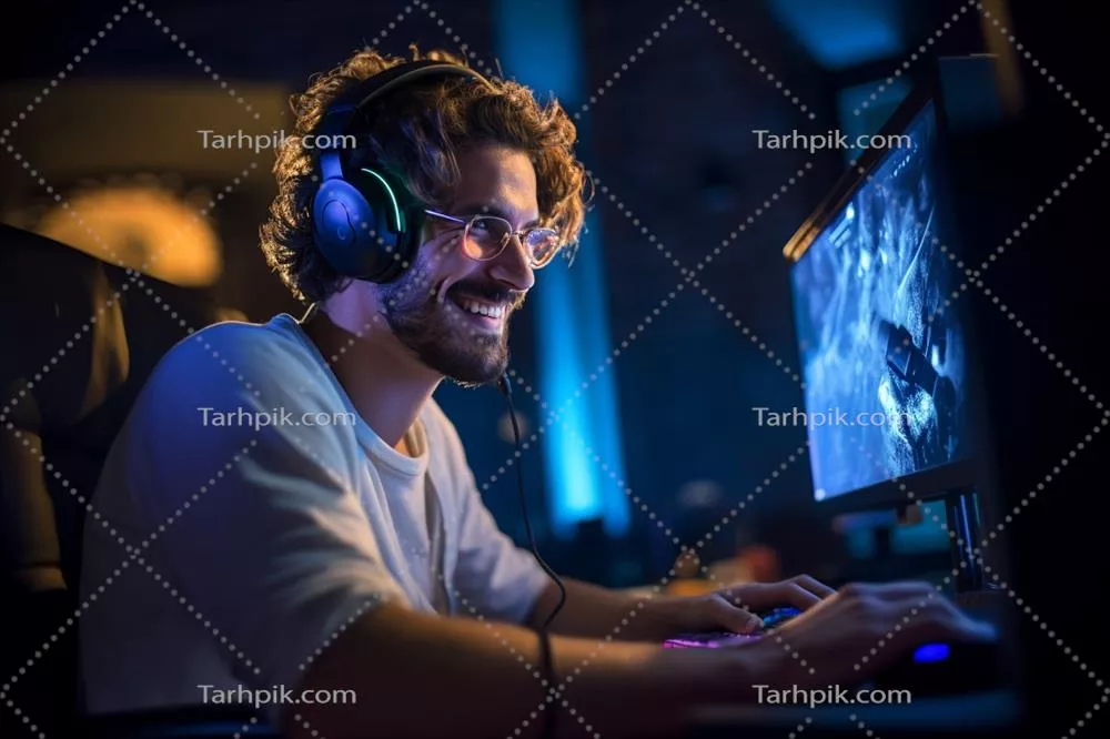 عکس مردی شاد با هدفون در حال استفاده از کامپیوتر در شب با هوش مصنوعی