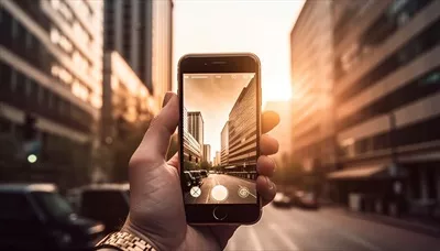 عکس مدیر کسب و کار در حال استفاده از گوشی هوشمند برای ترسیم افق شهری
