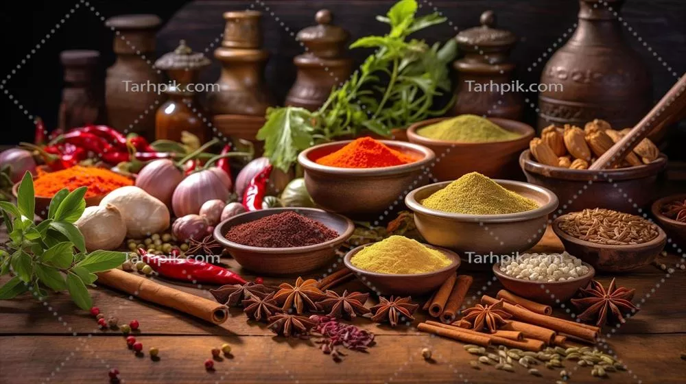 عکس میز چوبی پر از انواع مختلف ادویه ها و چاشنی ها برای آشپزی