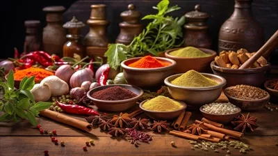 عکس میز چوبی پر از انواع مختلف ادویه ها و چاشنی ها برای آشپزی