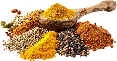 عکس دوربری مجموعه ای از ادویه های متنوع بر روی قاشق چوبی زیتون