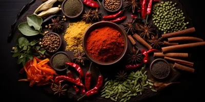 عکس نمای نزدیک از ادویه های هندی شامل فلفل، زردچوبه و زیره