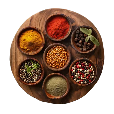 عکس دوربری انواع ادویه جات مختلف بر روی دایره چوبی با پس زمینه شفاف