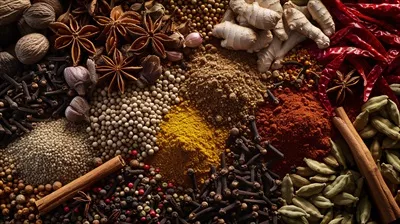 عکس ترکیبی از ادویه های کامل در چیدمانی هماهنگ و جذاب