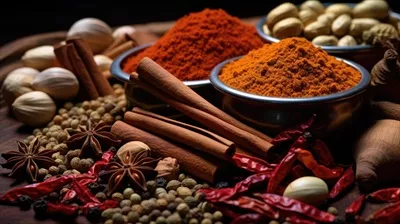 عکس تصویری نزدیک از ادویه جات با جزئیات زیبا و رنگارنگ