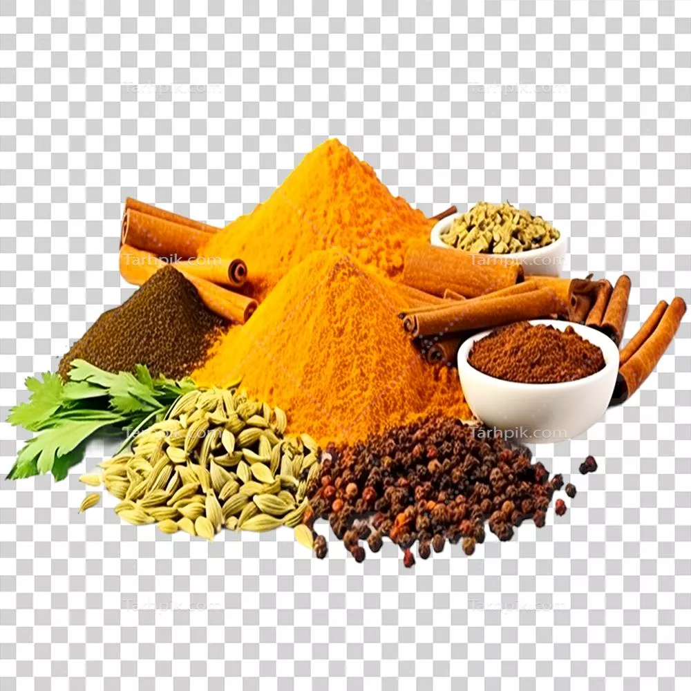 عکس دوربری ترکیب متنوع ادویه جات و گیاهان در ظروف سفالی با اندازه های مختلف