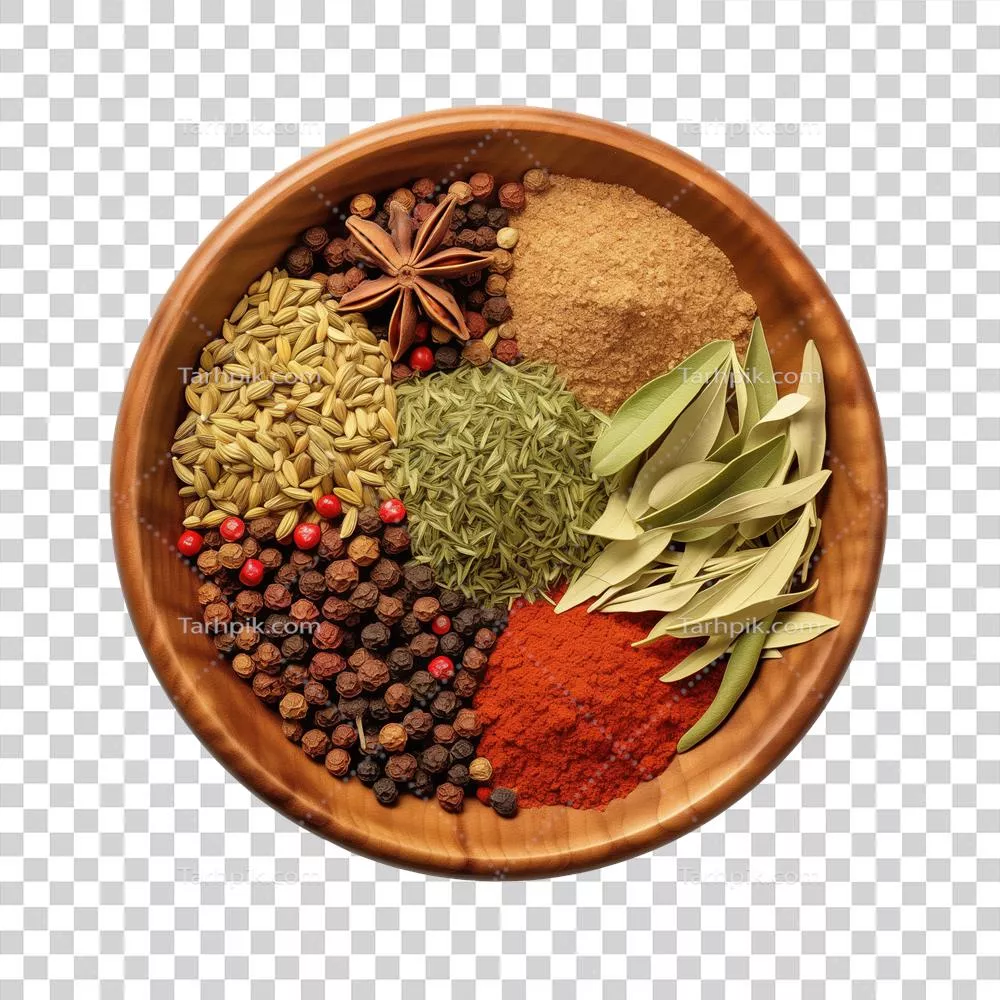 عکس دوربری تصویری زیبا از ادویه جات و گیاهان معطر در کاسه چوبی با پس زمینه شفاف