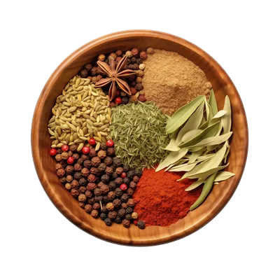 عکس دوربری تصویری زیبا از ادویه جات و گیاهان معطر در کاسه چوبی با پس زمینه شفاف