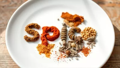 عکس مجموعه ای از ادویه جات رنگارنگ بر روی یک بشقاب سفید