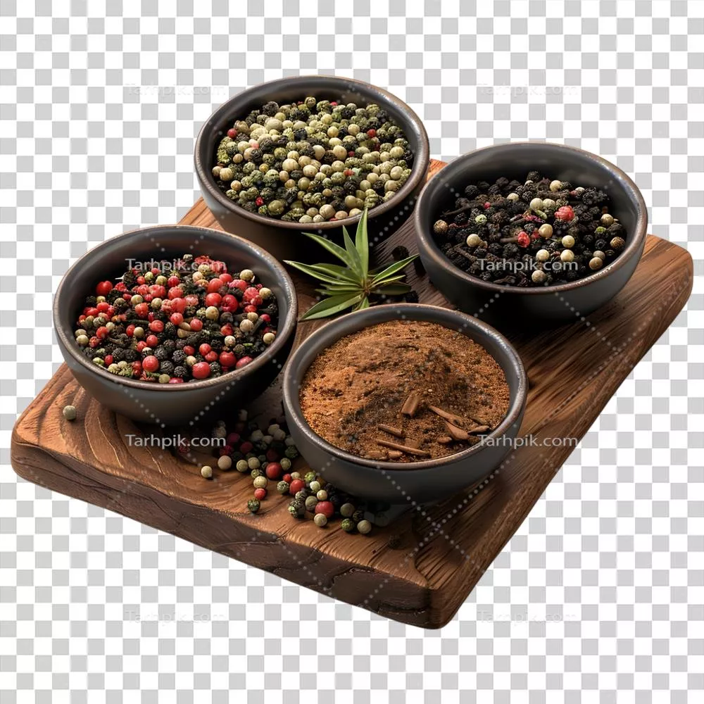 عکس دوربری تصویری زیبا از ادویه جات مختلف بر روی یک صفحه چوبی با پس زمینه شفاف