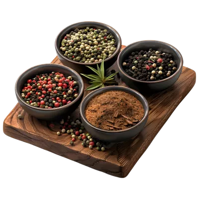 عکس دوربری تصویری زیبا از ادویه جات مختلف بر روی یک صفحه چوبی با پس زمینه شفاف