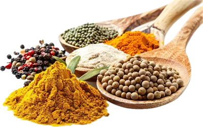 عکس دوربری مجموعه ای از ادویه های متنوع بر روی قاشق چوبی زیتون