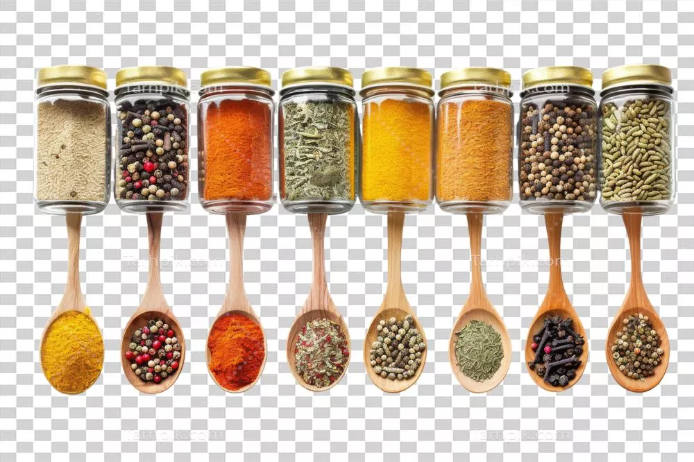 عکس دوربری مجموعه ای از ادویه جات در شیشه های شفاف با قاشق های چوبی