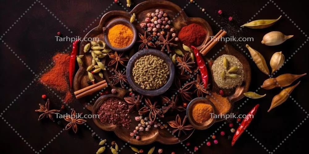 عکس نمای نزدیک از ادویه های هندی شامل فلفل، زردچوبه و زیره