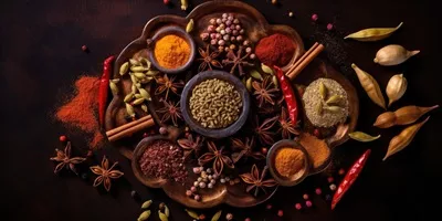 عکس نمای نزدیک از ادویه های هندی شامل فلفل، زردچوبه و زیره