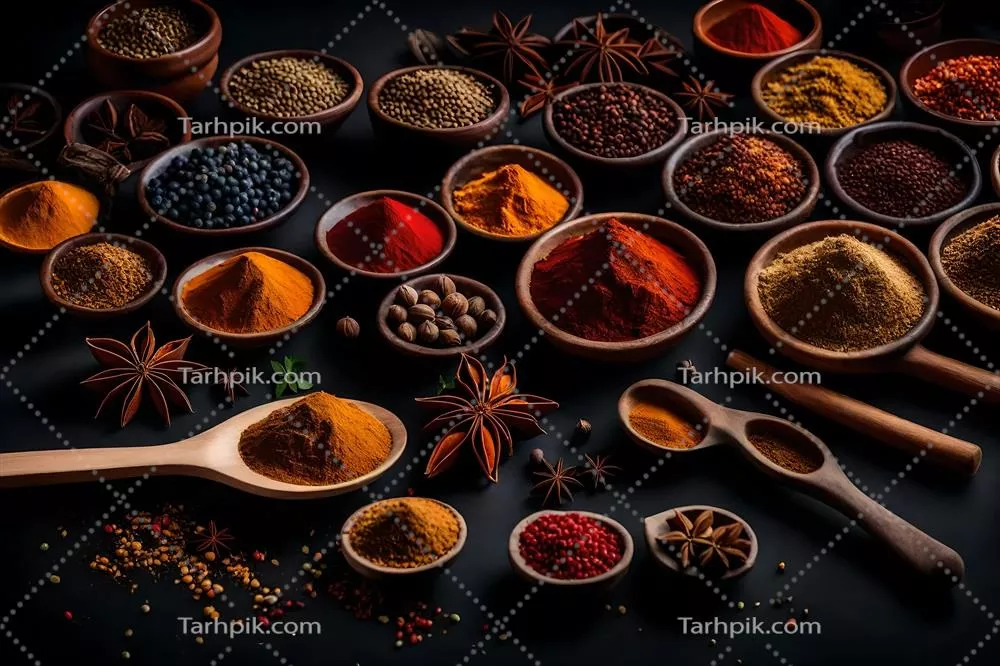 عکس مجموعه ای از ادویه ها و گیاهان معطر در کاسه های زیبا بر روی زمینه ای تیره
