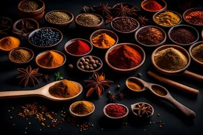 عکس مجموعه ای از ادویه ها و گیاهان معطر در کاسه های زیبا بر روی زمینه ای تیره