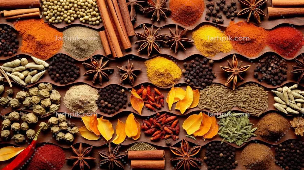 عکس ترکیب رنگارنگ ادویه جات مختلف برای ایجاد پس زمینه ای جذاب و پویا
