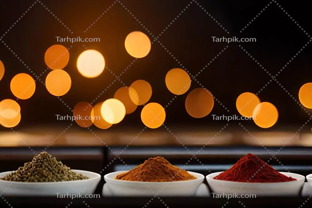 عکس چیدمان ادویه جات در کاسه ها بر روی میز با شمع های روشن در پس زمینه