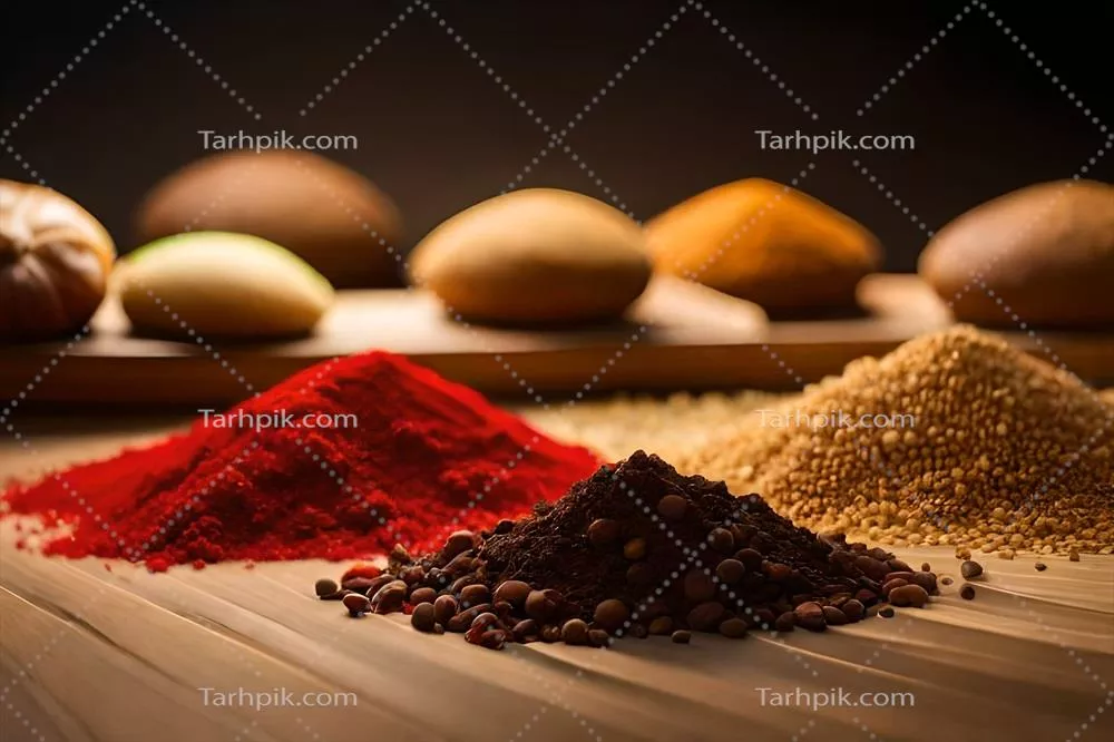 عکس مجموعه ای از ادویه جات مختلف بر روی یک میز چوبی زیبا