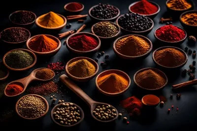 عکس ترکیب ادویه جات و گیاهان معطر در کاسه های زیبا بر روی زمینه سیاه