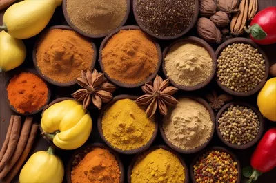 عکس ادویه جات و گیاهان معطر در کاسه های چوبی: مواد اولیه خوشمزه