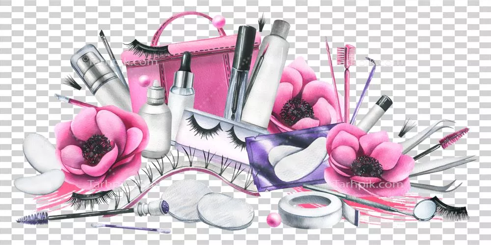 عکس دوربری کیف آرایشی صورتی با ابزارهای حرفه ای برای اکستنشن مژه و لمینت