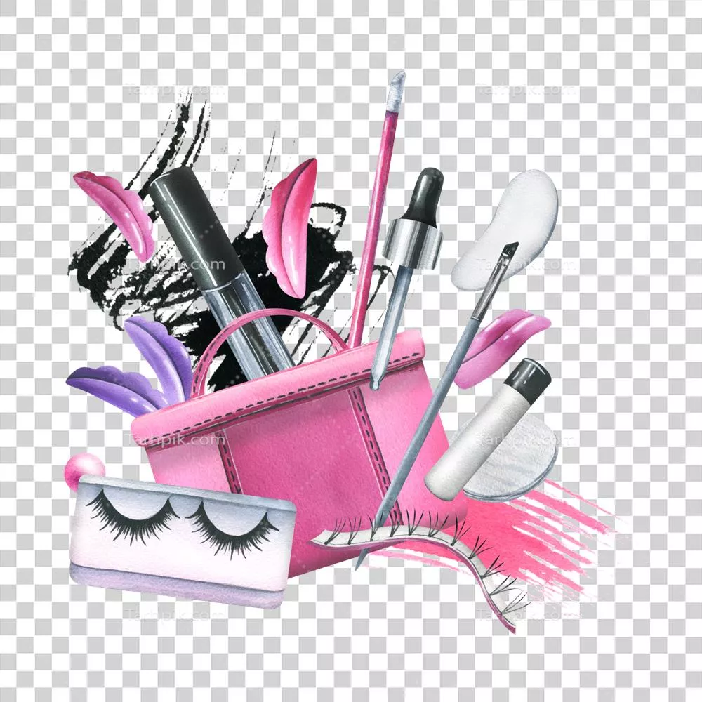 عکس دوربری کیف آرایشی صورتی با ابزارهای حرفه ای برای اکستنشن مژه و لمینت