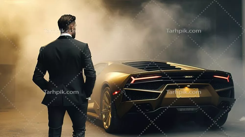 عکس یک تاجر ثروتمند در مقابل یک خودروی لوکس و شیک ایستاده است