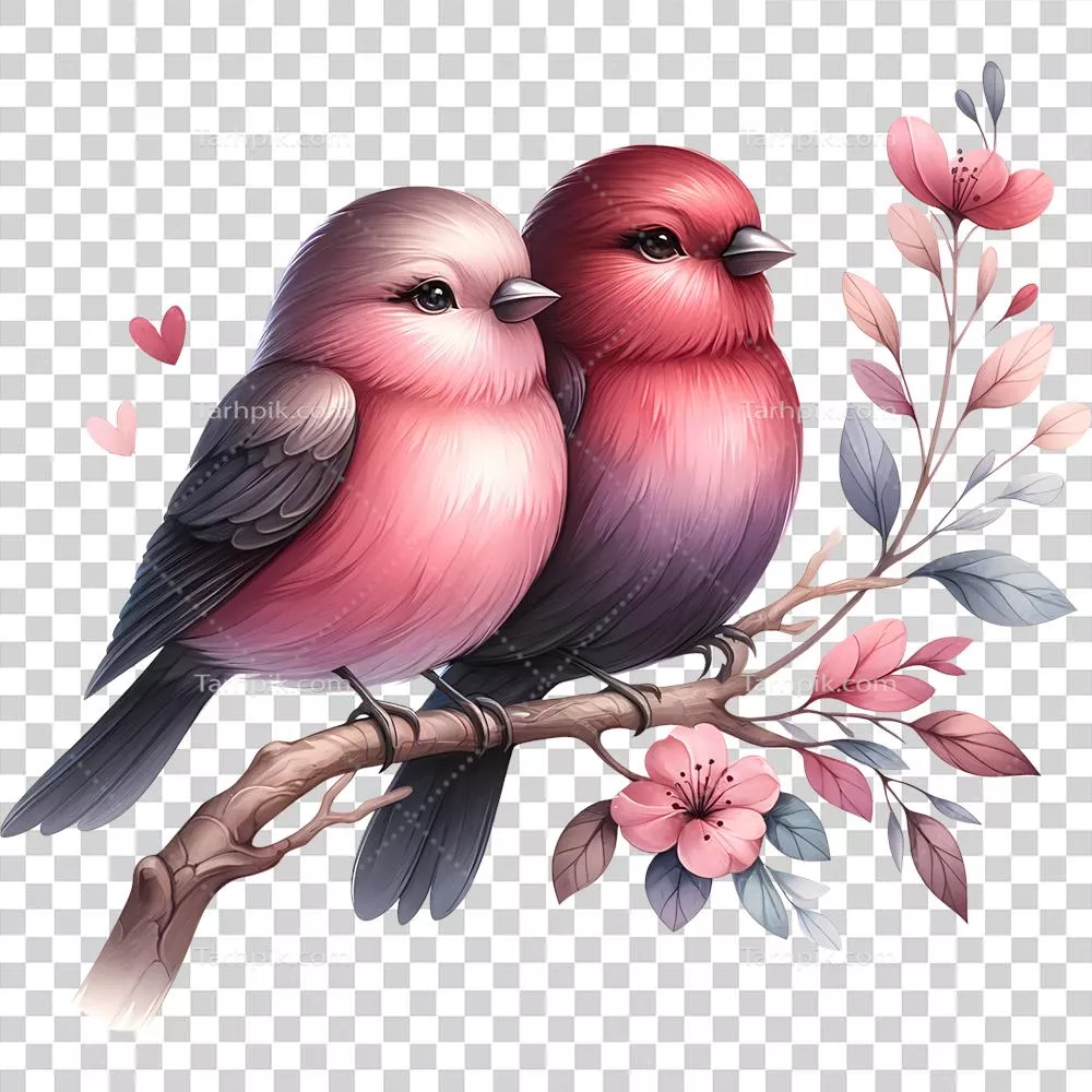 عکس دوربری دو پرنده زیبا بر روی شاخه ای با گل ها در روز ولنتاین