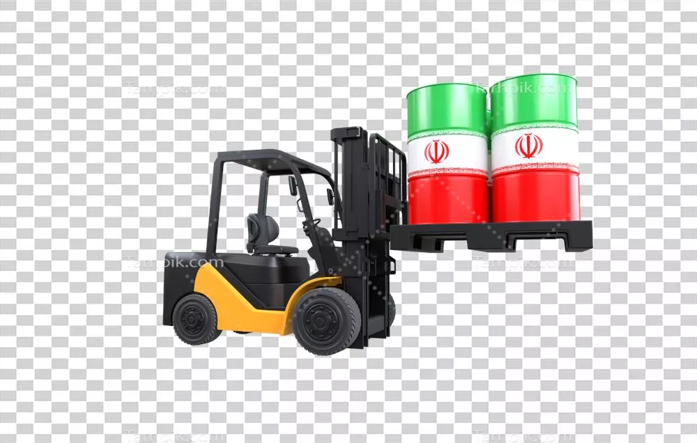 عکس دوربری لیفتراک در حال بلند کردن مخزن سوخت با پرچم ایران در پس زمینه شفاف