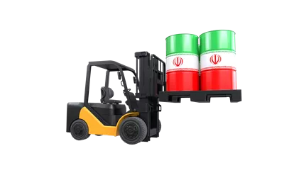 عکس دوربری لیفتراک در حال بلند کردن مخزن سوخت با پرچم ایران در پس زمینه شفاف