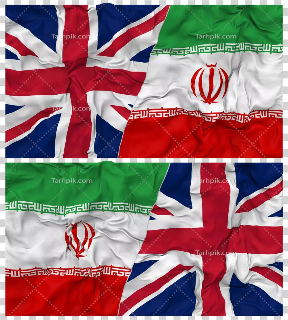 عکس دوربری ترکیب پرچم های ایران و بریتانیا با بافت پارچه ای برای نمایش روابط دو جانبه