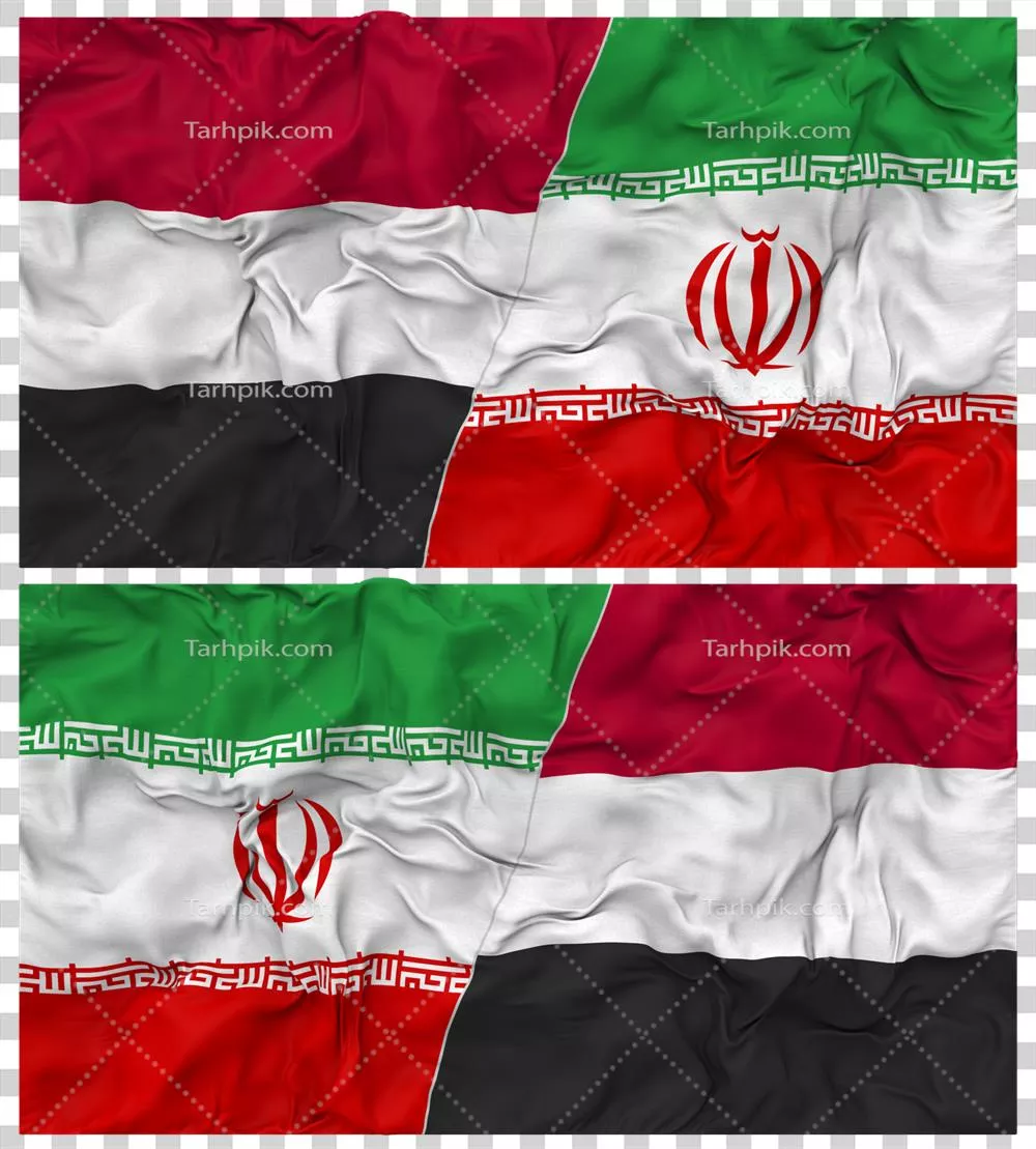 عکس دوربری ترکیب پرچم ایران و یمن با بافت پارچه ای و نماد روابط دو جانبه