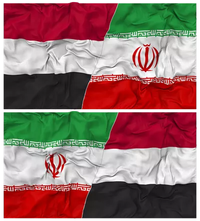 عکس دوربری ترکیب پرچم ایران و یمن با بافت پارچه ای و نماد روابط دو جانبه