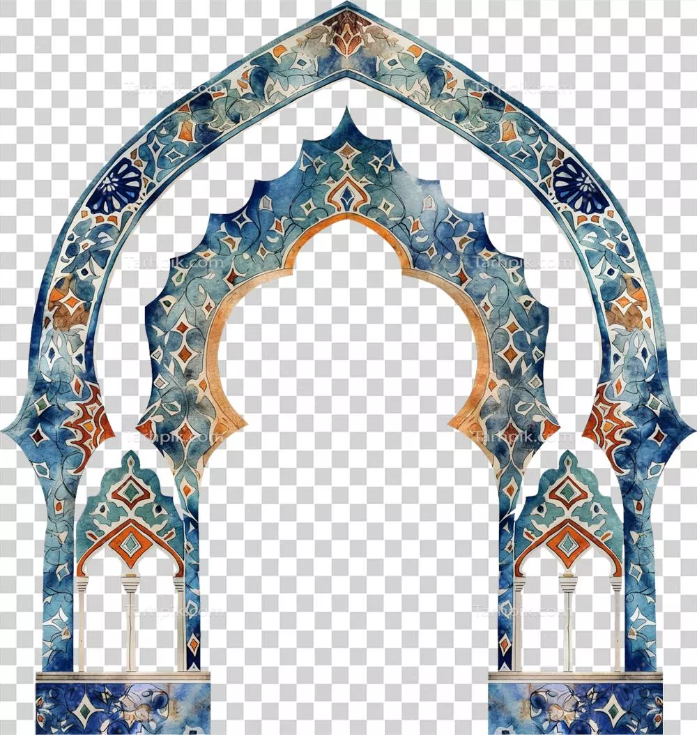 عکس دوربری قوس اسلامی با رنگ های آبی و نارنجی در معماری سنتی