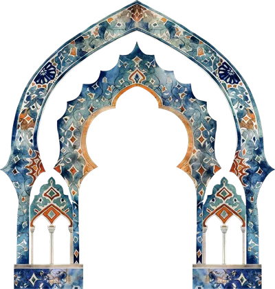 عکس دوربری قوس اسلامی با رنگ های آبی و نارنجی در معماری سنتی