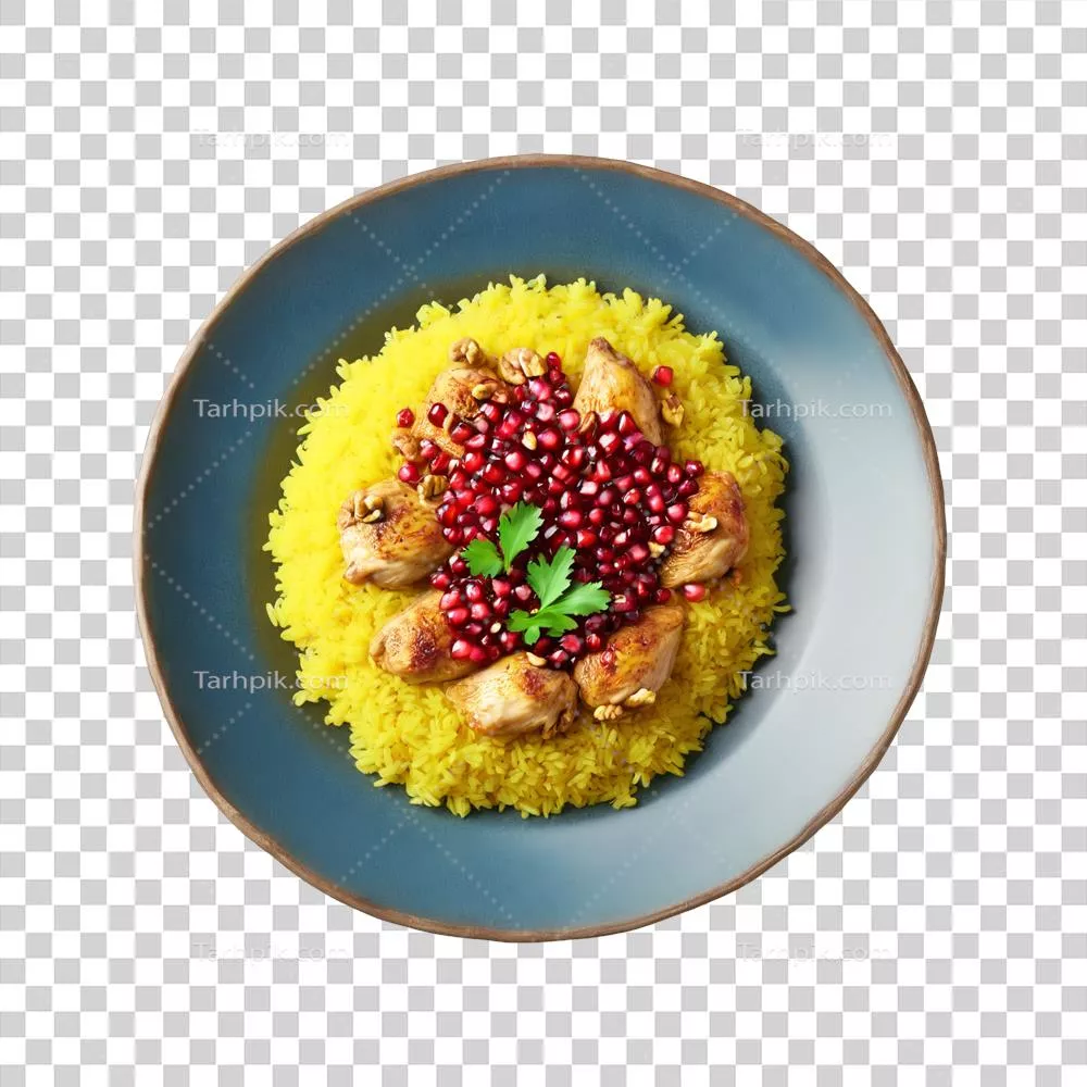عکس دوربری خورشت فسنجان ایرانی با سس انار و گردو، همراه با برنج زعفرانی
