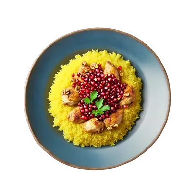 عکس دوربری خورشت فسنجان ایرانی با سس انار و گردو، همراه با برنج زعفرانی