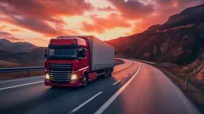 عکس کامیون مدرن اروپایی در حال حرکت بر روی بزرگراه در غروب آفتاب