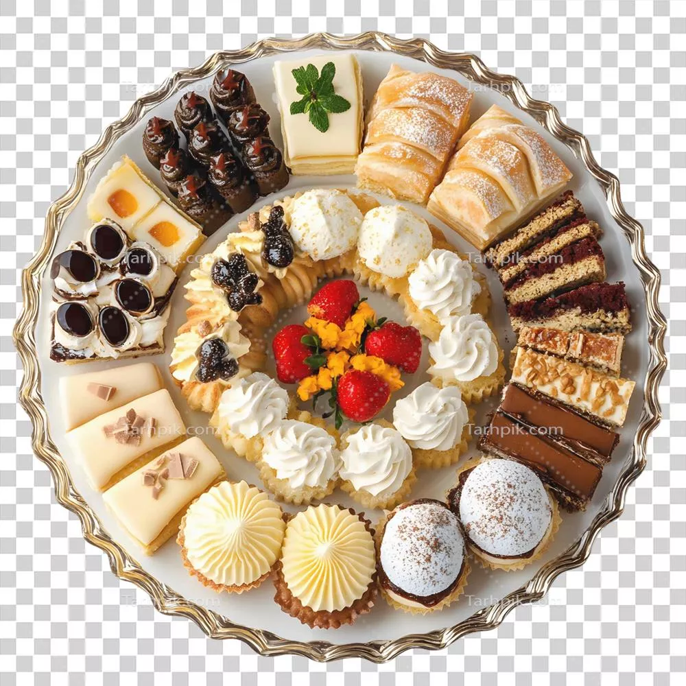 عکس دوربری مجموعه ای از دسرهای خوشمزه شامل کیک، کاپ کیک و شیرینی ها روی یک بشقاب سفید