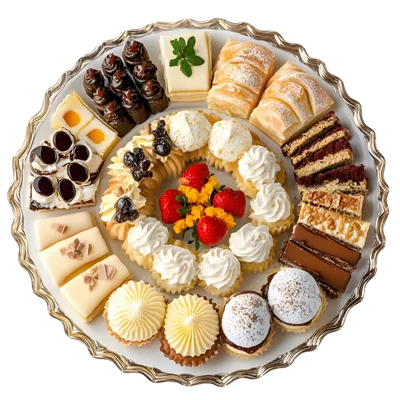عکس دوربری مجموعه ای از دسرهای خوشمزه شامل کیک، کاپ کیک و شیرینی ها روی یک بشقاب سفید