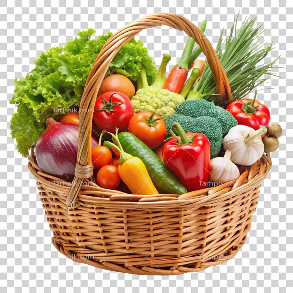 عکس دوربری سبد پر از سبزیجات تازه و رنگارنگ برای یک سفره سالم